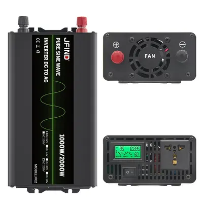 Invertor auto JFIND JF02, unda sinusoidala pura, 12V la 220V, 1000W continuu, 2000W varf, afisaj LCD, protectii multiple, ideal pentru auto, rulote, unelte, aparate sensibile