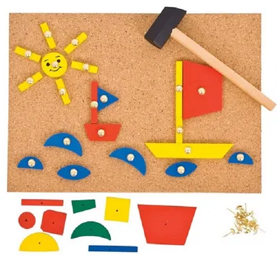 Joc din lemn pentru copii Bigjigs - Mozaic cu ciocan si pioneze