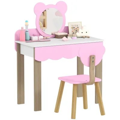 AIYAPLAY Set Masuta Cosmetica cu Scaunel pentru Copii, Oglinda de Machiaj, Forma Ursulet, Sertar, MDF, Roz | Aosom Romania