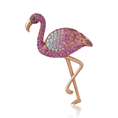 Brosa flamingo din aur alb-roz cu safire de 2.24ct si diamante de 0.11ct