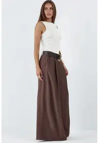 Pantaloni dama talie inalta - plisati - maro - poliester