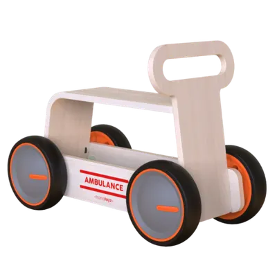 Jucarie din lemn 3 in 1 Ambulanta DriveMe Wood: masinuta ride-on, premergator si carucior de jucarii MamaToyz