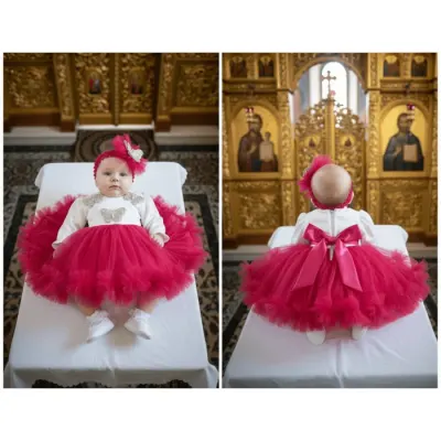 Rochita de botez fucsia cu aplicatii argintii si bentita asortata