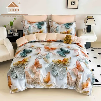 Lenjerie de Pat Bumbac Finet 5D 6 Piese cu Elastic 180x200 , Pastel Butterflies