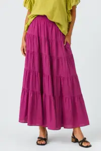 Fusta lunga din bumbac cu volane si talie elastica, magenta