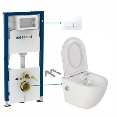 Set vas wc suspendat cu functie bideu si baterie crom Foglia Oslo, rezervor wc incastrat si clapeta alb alpin, Geberit Delta 51