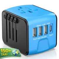 Adaptor incarcator universal priza de calatorie Timebox, 3 x USB, 1 x Type-C, Albastru - Default Title