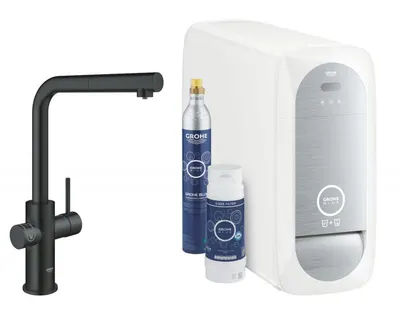 Baterie de bucatarie Grohe Blue Home 31539KS0, 3/8 inch, tip L, pipa inalta, filtrare, racire, apa carbogazoasa, dus extractabil, Smart, mat, Negru
