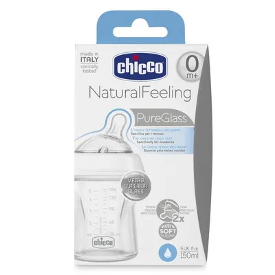 Chicco Biberon din sticla Natural Feeling 150 ml cu tetina din silicon Flux lent N0238/00080611000000