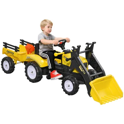 Homcom Excavator Copii Cu Pedale – Cupa Frontala & Remorca Galbena