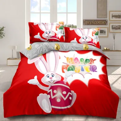 Lenjerie de Pat Dublu, Finet, Imprimeu Digital, 4 Piese, Rosu, Gri, Iepuras, Happy Easter