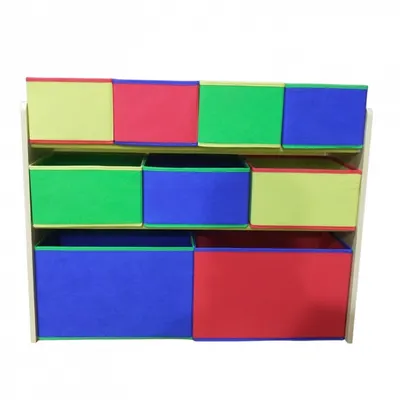 Organizator copii din lemn Ginger Home Color pentru jucarii cu 2 cutii mari, 3 medii si 4 mici textile detasabile,colturi si margini rotunjite, dimensiuni 82,5x29,3x60 cm