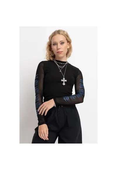 Bluza slim fit cu maneci din dantela transparenta