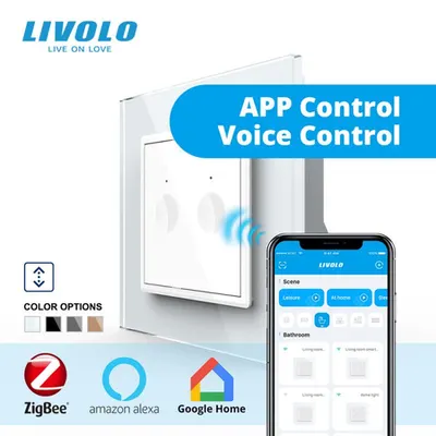 Intrerupator dublu tactil, control draperie, Protocol Zigbee, cu rama sticla Alb