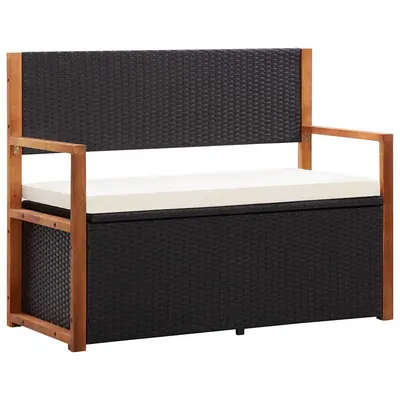 vidaXL Bancă de depozitare, negru, 115 cm, poliratan și lemn de acacia