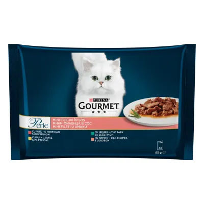 Hrana umeda pentru pisici Gourmet Perle, Vită, Pui, Iepure, Somon, în sos, 4x85g 4x85g