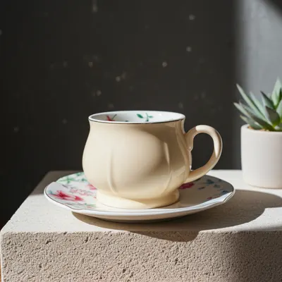 Set pentru cappuccino și ceai Morello - Buchet galben, 6 cești cu farfurii, 220 ml