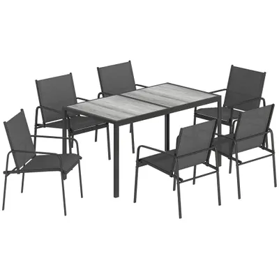 Outsunny Set de Prânz pentru Exterior, 7 Piese pentru 6 Persoane, Masă cu Efect de Lemn și Scaune cu Șezut Respirabil, Set Mobilier de Grădină cu Cadru din Oțel Galvanizat, Negru | Aosom Romania