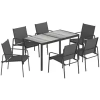 Outsunny Set de Prânz pentru Exterior, 7 Piese pentru 6 Persoane, Masă cu Efect de Lemn și Scaune cu Șezut Respirabil, Set Mobilier de Grădină cu Cadru din Oțel Galvanizat, Negru | Aosom Romania