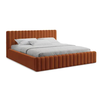 Pat matrimonial teracotă tapițat cu spațiu de depozitare cu somieră 180x200 cm Lemi – Makamii