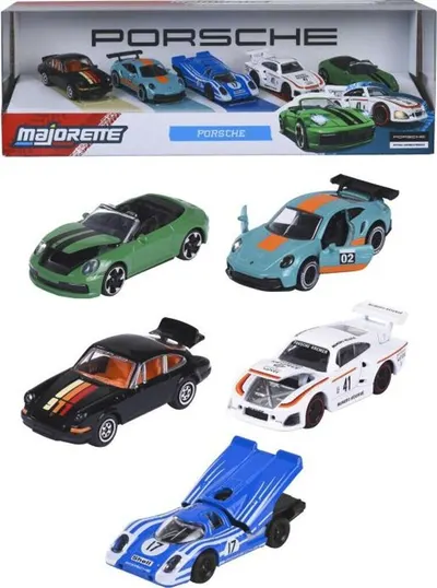 Mașinuțe metalice Majorette - Porsche, 5 buc, scară 1:64