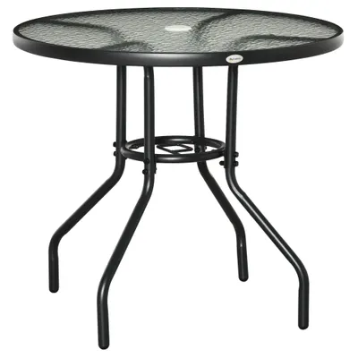 Outsunny Masă de Grădină Rotundă 80 cm cu Orificiu pentru Umbrelă, Masă de Cafea pentru Exterior cu Blat din Sticlă Temperată, Cadru Metalic, pentru Terasă, Balcon, Negru | Aosom Romania