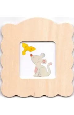 Mini rama foto din lemn natur pentru decorare. Soricel si cascaval