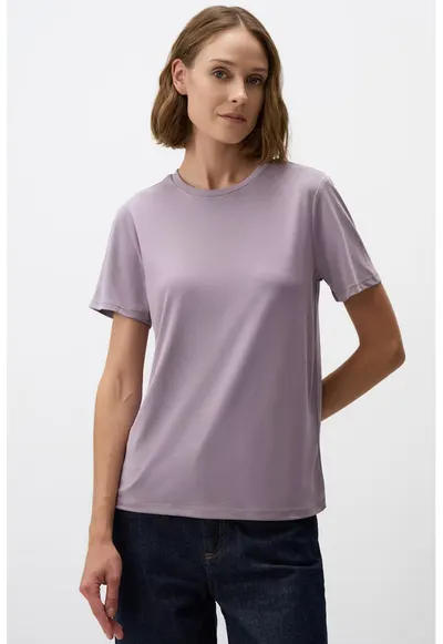 Tricou din amestec de modal cu decolteu rotund - Lila