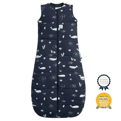 Sac de dormit, ErgoPouch, Jersey, 3-12 luni, 6-10 kg, TOG 2.5, Bumbac organic, Fermoar bidirectional, Lavabil la masina, Croiala slim fit, Certificat non-toxic, Premiat in Australia, Model balene, Albastru