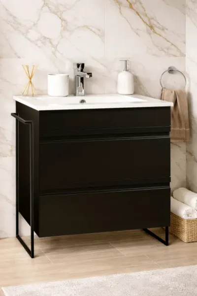 Set Baza front MDF si Lavoar seria 086, cadru metalic, cu sertare, montata, 70 cm, negru