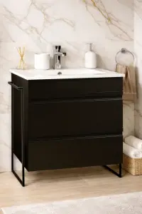 Set Baza front MDF si Lavoar seria 086, cadru metalic, cu sertare, montata, 70 cm, negru