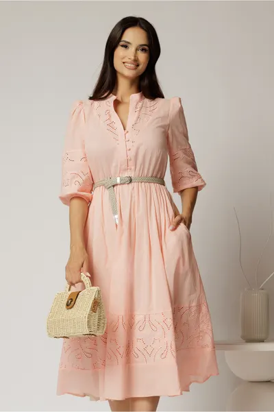 Rochie DY Fashion roz somon din bumbac cu insertii perforate si curea in talie