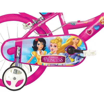 Bicicleta copii Dino Bikes Princess 16 inch, varsta 6-8 ani, inaltimea 107-125 cm, anvelope gonflabile, roti ajutatoare detasabile, frana de mana pe roata din fataspate,cos de depozitare in fata si scaun pentru papusa spate