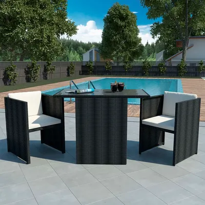 vidaXL Set bistro cu perne, 3 piese, negru, poliratan