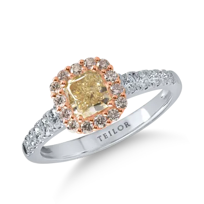 Inel din aur alb-roz cu diamant galben cushion de 0.72ct si diamante roz si incolore de 0.54ct