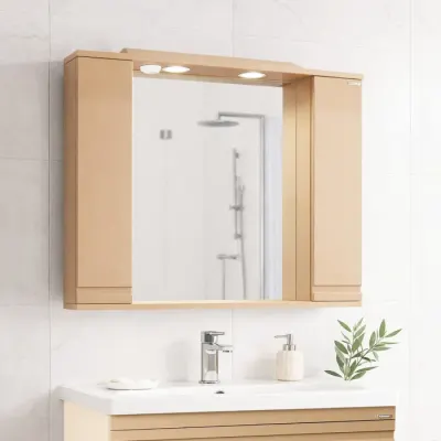 Dulap baie suspendat seria 786 cu oglinda, front MDF, montat, cappuccino, 80x71 cm