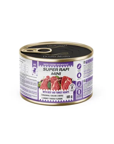 SUPER RAFI Mini cu vită și inimi de curcan 185 g hrană umedă pentru câini de talie mică