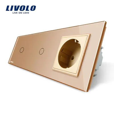 Intrerupator simplu + simplu + priza simpla Schuko borne fara surub Quick Connect, generatia noua, cu rama sticla Auriu