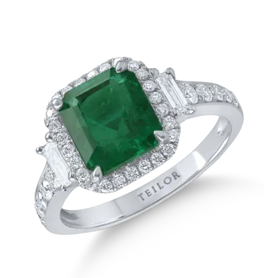 Inel din aur alb cu diamante baguette si rotunde de 0.91ct si smarald emerald de 2.32ct