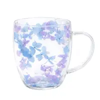 Cană cu inserție de flori uscate mov și albastru, hortensie, pereți dubli, sticlă borosilicată, 350 ml, Aurora Bloom