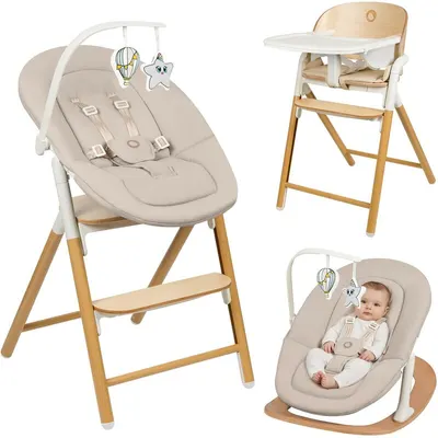 Scaunel multifunctional, Lionelo, Celia, 4 in 1, Functie de balansoar, Din lemn de fag, 6 luni- adult, Reglabil pe inaltime, Spatar lat, Sezut ergonomic, Tavita silicon, Suport de picioare reglabil, Greutate maxima 110 Kg, Alb/Natural