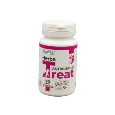PROMEDIVET Herba-Treat Antialergic, supliment sistem imunitar & alergii câini, comprimate PROMEDIVET Herba-Treat Antialergic, XS-XL, supliment sistem imunitar & alergii câini și pisici, flacon, 70 comprimate