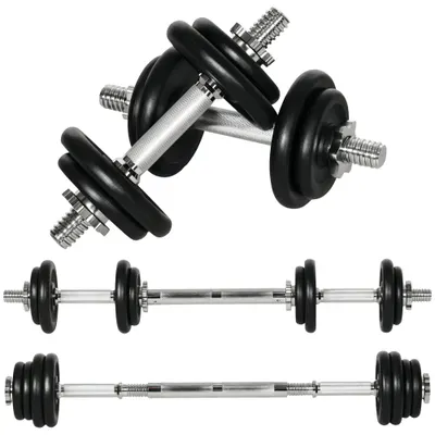 Gantere HOMCOM, ganteră lungă, 2 în 1, 20 kg, 8 discuri de gantere, rezistent la rugină, oțel, negru, 95 x 16 x 16 cm | Aosom Romania