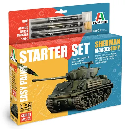 Model de asamblat Italeri Militar: Tancuri - tanc mediu american M4A3E8 Sherman Fury - Kit de început"Easy Paint"