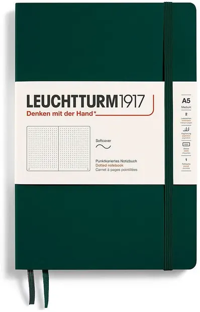 Notebook-ul Leuchtturm1917 Natural Colors - A5, verde închis, pagini punctate, coperte moi