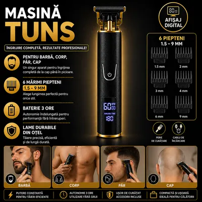 Masina Profesionala de Tuns Barba Si Contur, Fara Fir, Marimi Reglabile, Lama Inox, Negru
