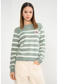 Pulover tricotat cu model in dungi - Alb/Verde pal