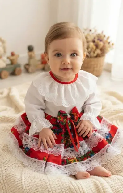Costum Traditional Fetite 0-12 luni Model Alb si Rosu