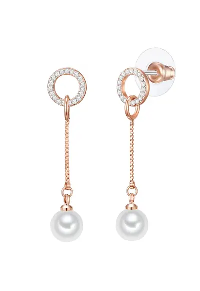 Cercei drop din aur rose de 14K decorati cu perle sintetice - Auriu rose