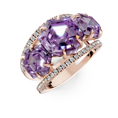 Inel geometric din aur roz cu ametiste hexagonale de 4.4ct si diamante de 0.3ct